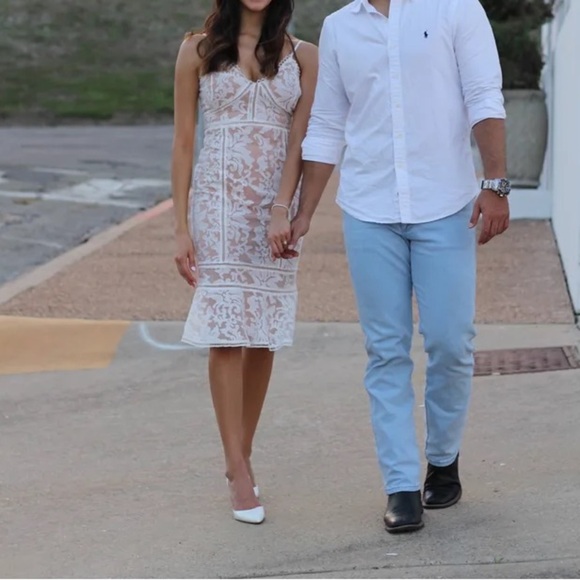 Alluring Love White and Beige Lace Trumpet Hem Midi Dress - Picture 4 of 13